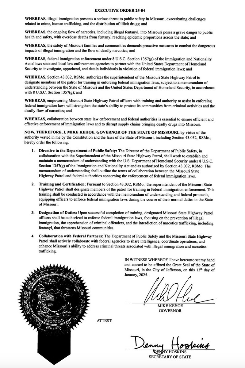 onvcook's tweet photo. Missouri Governor's Executive Order 25-04 by 
Governor Mike Kehoe in January of 2025. https://t.co/pOwxEELMVA