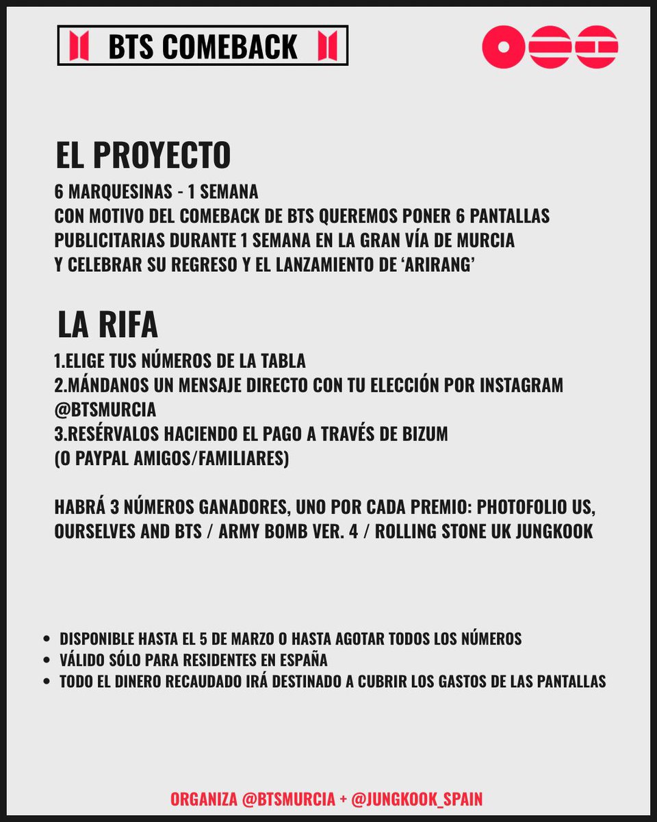 ✨RIFA Comeback BTS✨
¡Ayúdanos a poner las primeras marquesinas de #BTS en Murcia y gana uno de los tres premios!
Para participar envía un mensaje privado a la fanbase en Instagram:
💌instagram.com/btsmurcia?igsh…

¡Mucha suerte a todxs!🥳💜
#BTSComeback2026 #BTS_ARIRANG