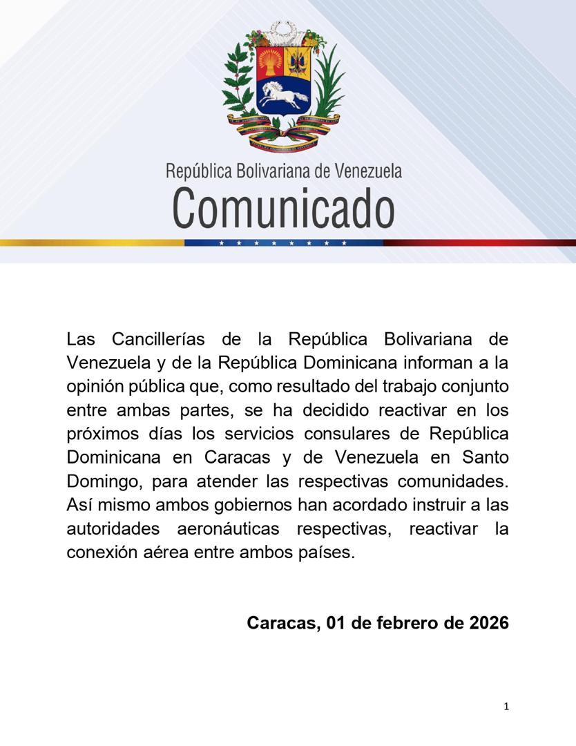 Venezuela y Dominicana retoman servicios consulares y conexión aérea. Un triunfo de la diplomacia que une familias y fortalece el Caribe. 🇻🇪✈️🇩🇴
​#FreeMaduroAndCilia
#BringThemBack