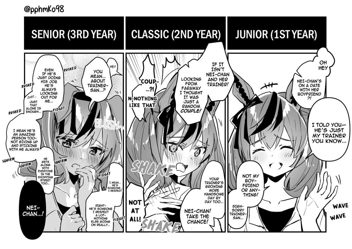 Umamusume English Translation
"Grown-up Nature"
Author's note:
I wanna become part of the shopping district and watch Nature "growing up".
#NiceNature
#Umamusume
#UmaTranslations
#英訳