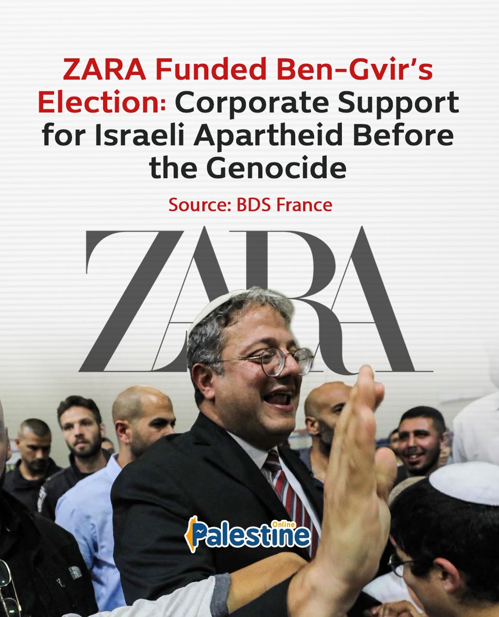 ZARA's complicity with the Israeli regime is older than the genocide in Gaza. In October 2022, Joey Schwebel, president of Trimera Brands, ZARA's Israeli franchisee, hosted a party at his home as a campaign event for far-right Israeli Minister, Itamar Ben-Gvir, according to BDS