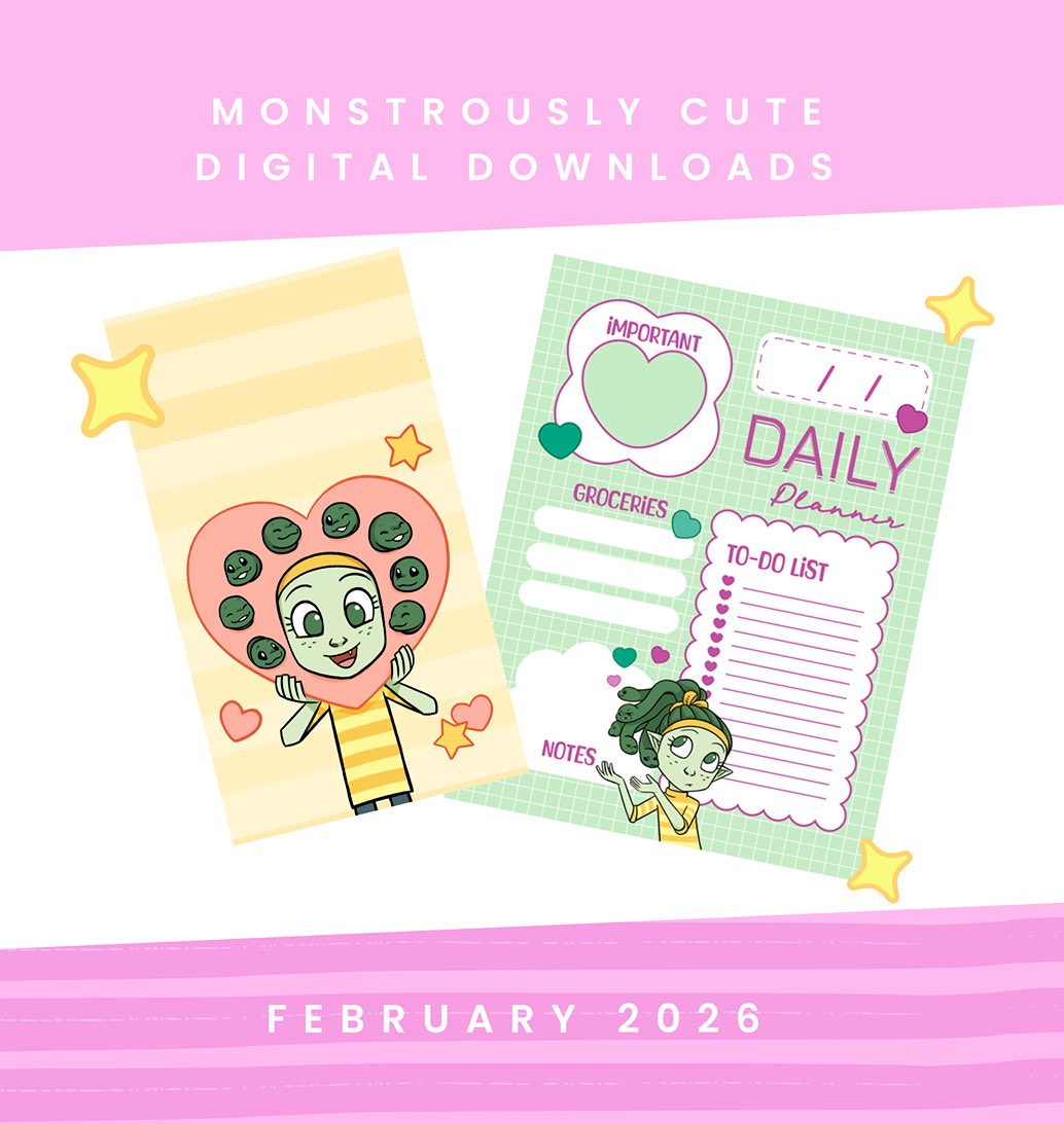 February's digital downloads are now available on Patreon!

A wallpaper set and planner to help you get ready for all that time spent with your special someone. Even if that special someone is just your hair 🐍