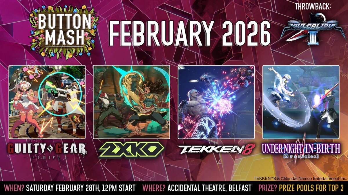 The Throwback title for Button Mash - February 2026 is SoulCalibur III! ⚔️

It will be the side bracket at the event, joining Strive, 2XKO, Tekken 8 and UNI II. Signups open tomorrow at 7pm, be sure to check it out then: start.gg/tournament/but…