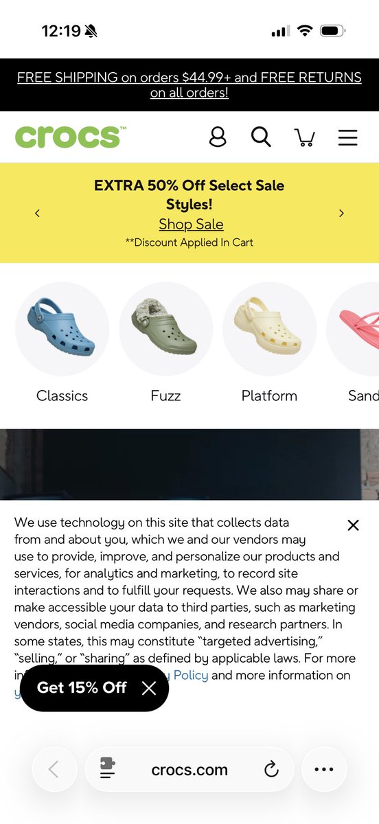 bjinkins09's tweet photo. @Crocs your website says free shipping on orders of $44.99+ but you don’t actually get free shipping until $49.99. Seems like false advertising. https://t.co/Ia6cp6jcku
