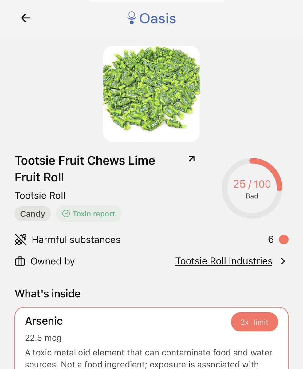 Top 28 candy brands were independently tested to contain dangerous levels of arsenic:

- Tootsie Fruit Chew Lime: 570 ppb
- Jolly Rancher Sour Apple: 540 ppb
- Twizzlers Watermelon: 510 ppb
- Nerds Gummy Clusters: 500 ppb
- Laffy Taffy Banana: 480 ppb
- Sour Patch Kids: 470 ppb
-