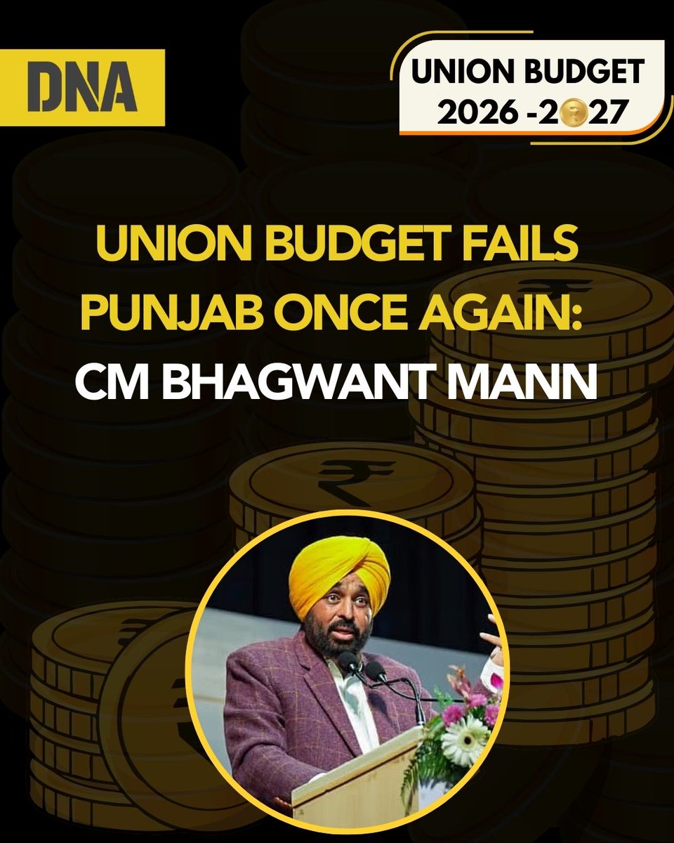 dna's tweet photo. #BudgetonDNA | Punjab chief minister Bhagwant Mann and the ruling Aam Aadmi Party (AAP) government's ministers on Sunday held that the Union budget has once again failed to meet the expectations of Punjab.

Mann stated that the Budget provides no MSP guarantee for farmers, no job assurance for youth, and no support for industries or tax relief. He added that the Centre has taken no meaningful steps to boost Punjab’s economy, treating the state and its people unfairly once again.

#DNAUpdates | #UnionBudget2026 | #Budget2026 | #NirmalaSitharaman | #BhagwantMann