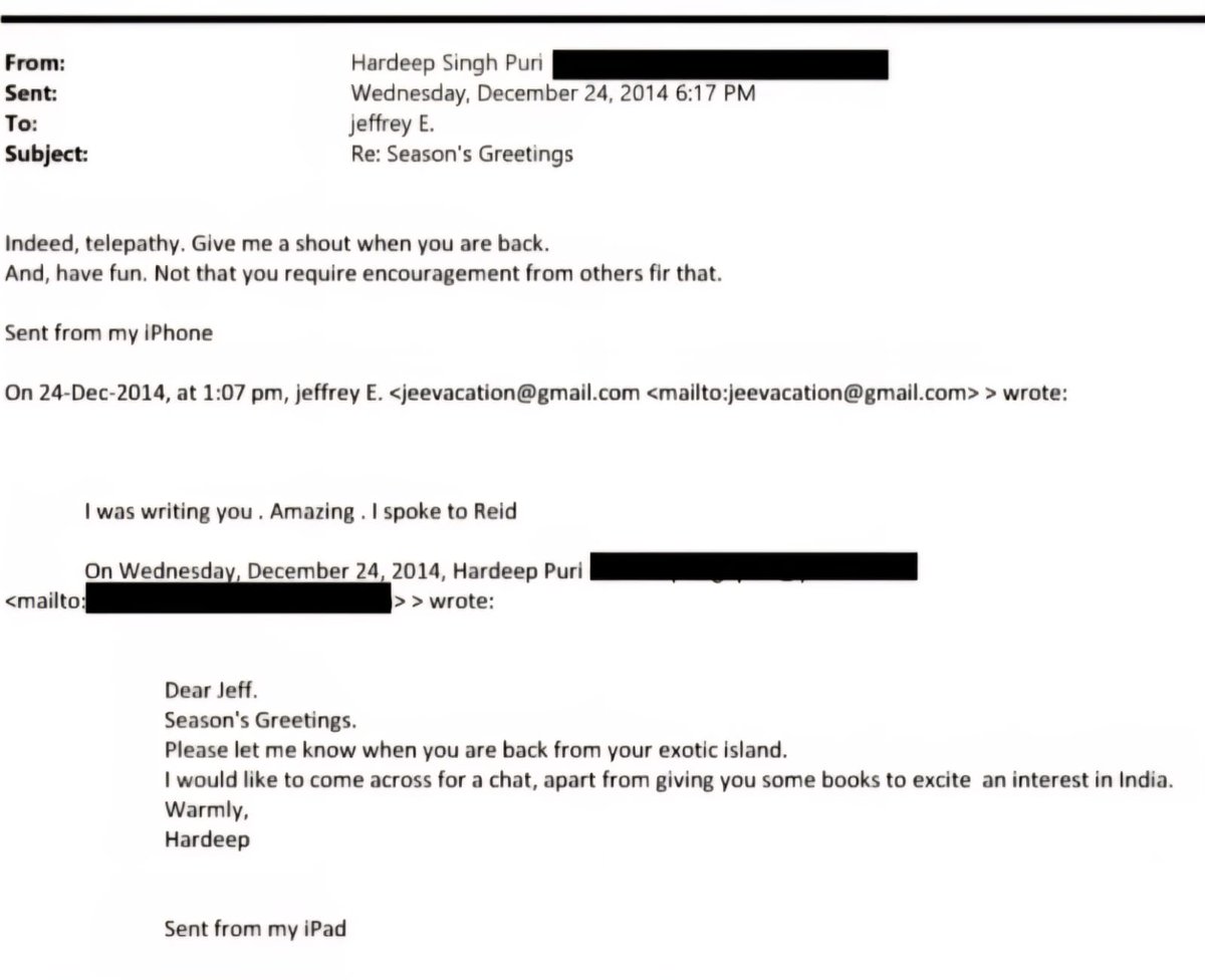 Dear Jeff,
Season's Greetings.
Please let me know when u are back from your (EXOTIC ISLAND),
I would like to come across for a chat, apart from giving you some books to excite an interest in India.
Warmly,
Hardeep

#HardeepSinghPuri's days as minister are numbered

#EpsteinFiles