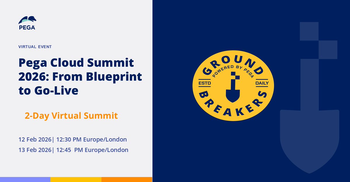pega's tweet photo. Big news! Join us for Pega Cloud Summit 2026: From Blueprint to Go-Live with two sessions in February.
Transform your cloud strategy into reality - don’t miss this milestone! Register now: https://t.co/h8XcCIQydj
#PegaDeveloper https://t.co/FDPZgMoeIb