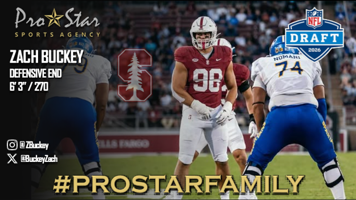 ProStarSports's tweet photo. A big ProStar welcome to @BuckeyZach, DE, @StanfordFball!  A big, athletic defensive lineman with a nonstop motor!  Zach's also earned All Academic honors 3 years in a row! His dad, @JeffBuckey is a former NFL draft pick, playing 4 years in the League. #ProStarFamily https://t.co/zcQFoHgCyG