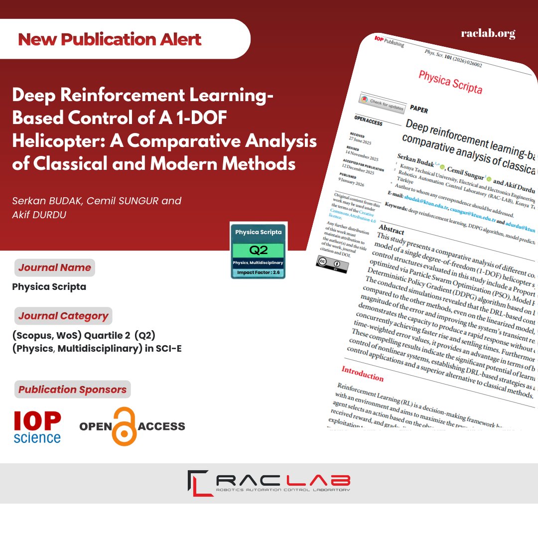 KtunRacLab's tweet photo. Deep reinforcement learning-based control of a 1-DOF helicopter: a comparative analysis of classical and modern methods

Doi: https://t.co/cIdlVEsCxu   

Physica Scripta (IOP) (SCI-E) https://t.co/igeI19fVjq