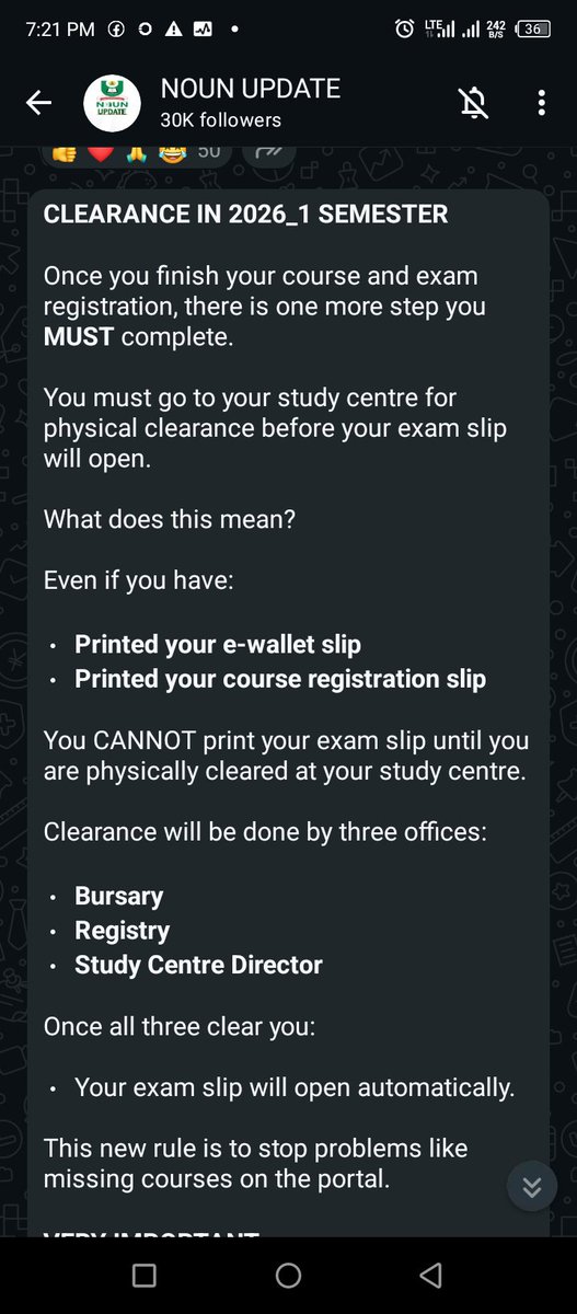 noununiversity's tweet image. *CLEARANCE IN 2026_1 SEMESTER*

Once you finish your course and exam registration, there is one more step you *MUST* complete.

You must go to your study centre for physical clearance before your exam slip will open.

#www.studentarrive.com.ng

#NounOpenOfNigeria
#OpenUniversity