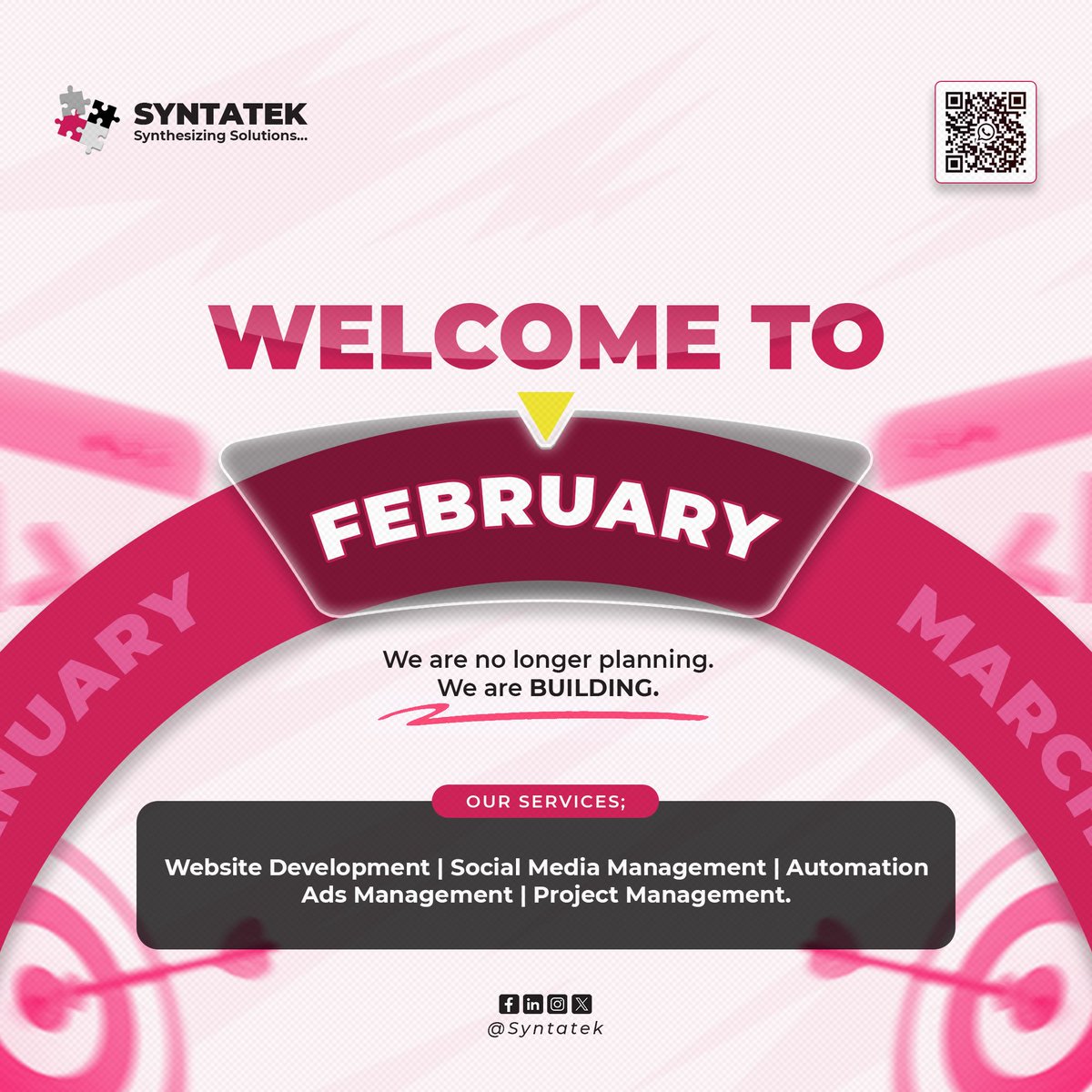 February isn’t for planning. It’s for building. 🚀

January was the strategy room.
The audits. The ideas.
The meetings.

Now?
We’re executing❗
Send us a DM — let’s build something solid!

#TechSolutions
#WebDevelopment
#SocialMediaManagement
#AIAutomation
#DigitalTransformation