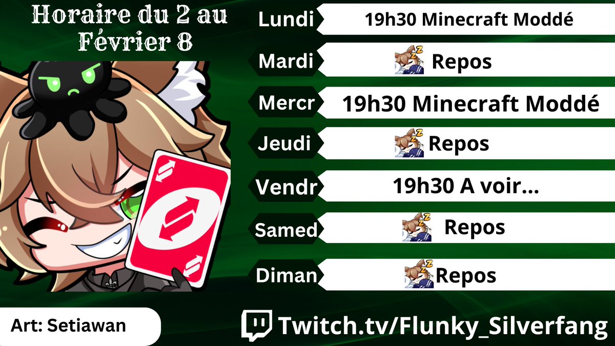 🗓️Le Petit Horaire de la Semaine 🦊💚

Cette Semaine on continue le Minecraft Moddé J'aime trop MineColonies et j'ai peut-etre un autre truc qui va arriver au courant de la Semaine a voir...