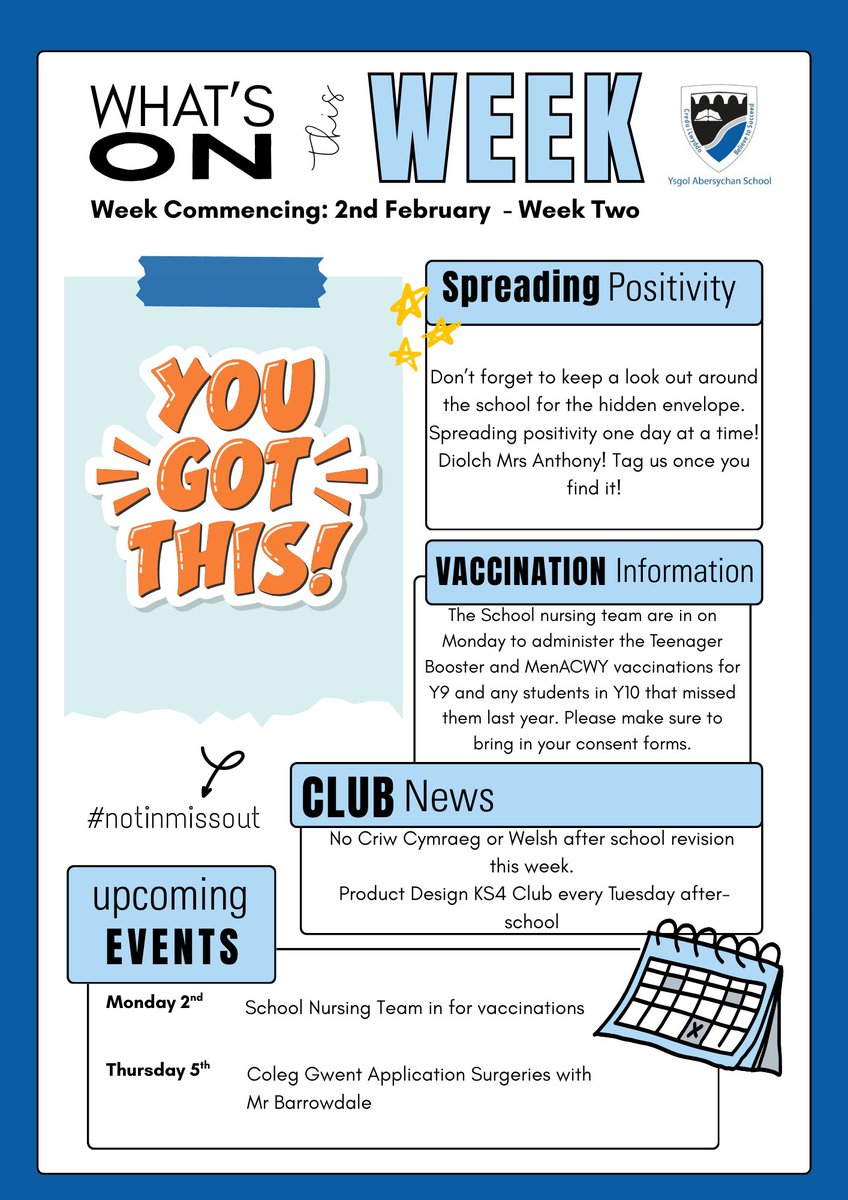 's tweet image. 🗓️ The week ahead 🗓️ 

@schoolnursingab are in tomorrow, please make sure your consent forms are returned 📨

#BelievetoSucceed #NotInMissOut #NIMO