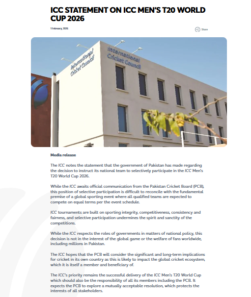 ICC statement on Pakistan T20 World Cup 2026 participation