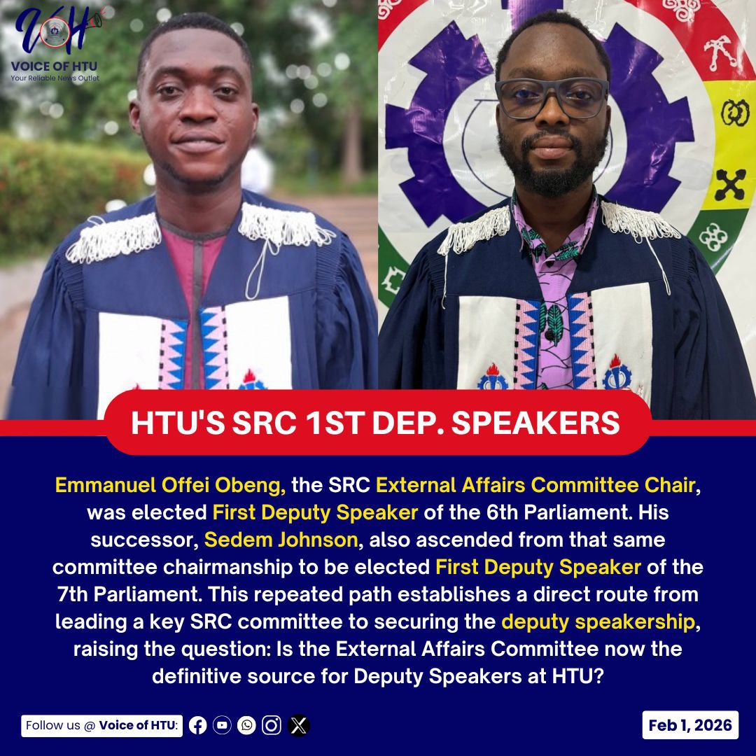 voiceofhtu's tweet photo. HTU'S SRC FIRST DEPUTY SPEAKERS FROM EXTERNAL AFFAIRS

Emmanuel Offei Obeng, the SRC External Affairs Chair was elected First Deputy Speaker of the 6th Parliament. His successor, Sedem Johnson, also ascended from that same committee chairmanship to be elected First Deputy Speaker https://t.co/YUiNwhDSt9