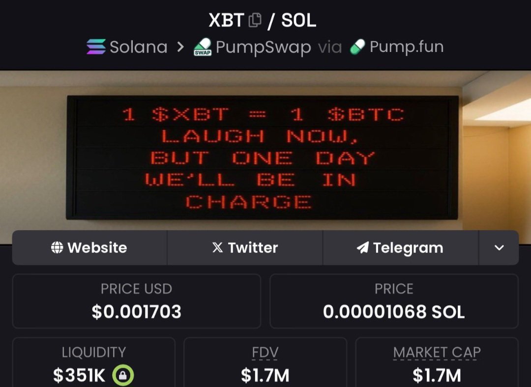 $XBT Called it at just a $78K market cap in my private TG, and now it's soaring past $1.7M-an insane  gain!🔥🏆

My TG crew keeps stacking huge wins don't miss the next big move!🚀💥🚀💥

#Solana #memecoin