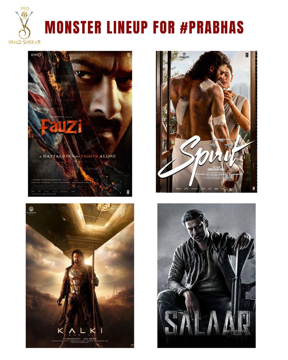 UrsVamsiShekar's tweet photo. Monster lineup for India’s Biggest Superstar #Prabhas 🐲🔥🔥

Privileged to be working as PR 🤘❤️

#Fauzi | #Spirit | #Kalki2
| #SALAAR2 https://t.co/WOnbMU5OIt