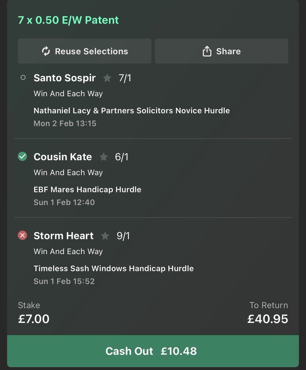 edcollo's tweet photo. @bet365help could you explain this please? 2 non runners in my patent and a 6/1 winner but you are asking me to cash out for £10.48? Should be £21.40 https://t.co/ZHsZmt6FFZ