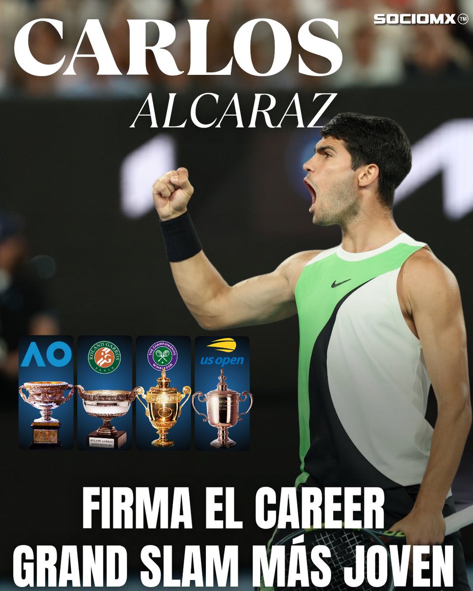 Socio_MX's tweet image. ALCARAZ, HISTÓRICO 

@carlosalcaraz derrotó a Novak Djokovic y se coronó campeón del Australian Open 2026 🇦🇺🏆

Con 22 años, se convirtió en el tenista más joven en ganar todos los Grand Slams y ya presume 7 títulos 🎾

#CarlosAlcaraz #AustralianOpen #GrandSlam #Sociomx