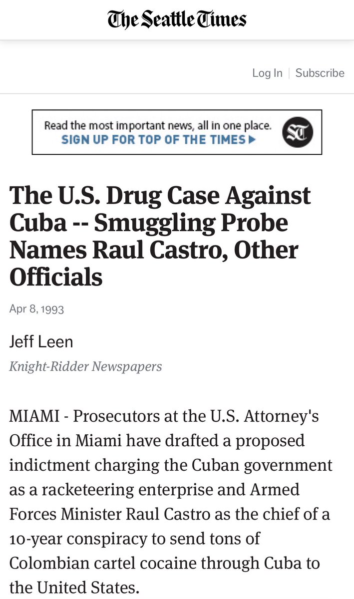 In 1993, <a href="/MiamiHerald/">Miami Herald</a> reported that fed prosecutors drafted a criminal indictment accusing #Cuban govt of being a drug-trafficking enterprise led by Defense Minister Raul Castro &amp; Interior Minister Abelardo Colomé.

Clinton Admin took a pass. Time to revisit this

#SOSCuba
<a href="/DEAHQ/">DEA HQ</a>