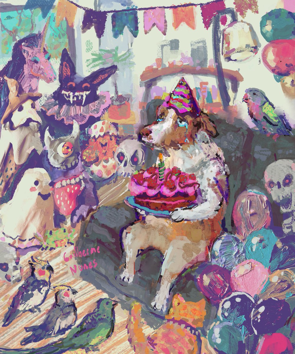 dog.... very.... HAPPY!! because all his friends came to his birthday party