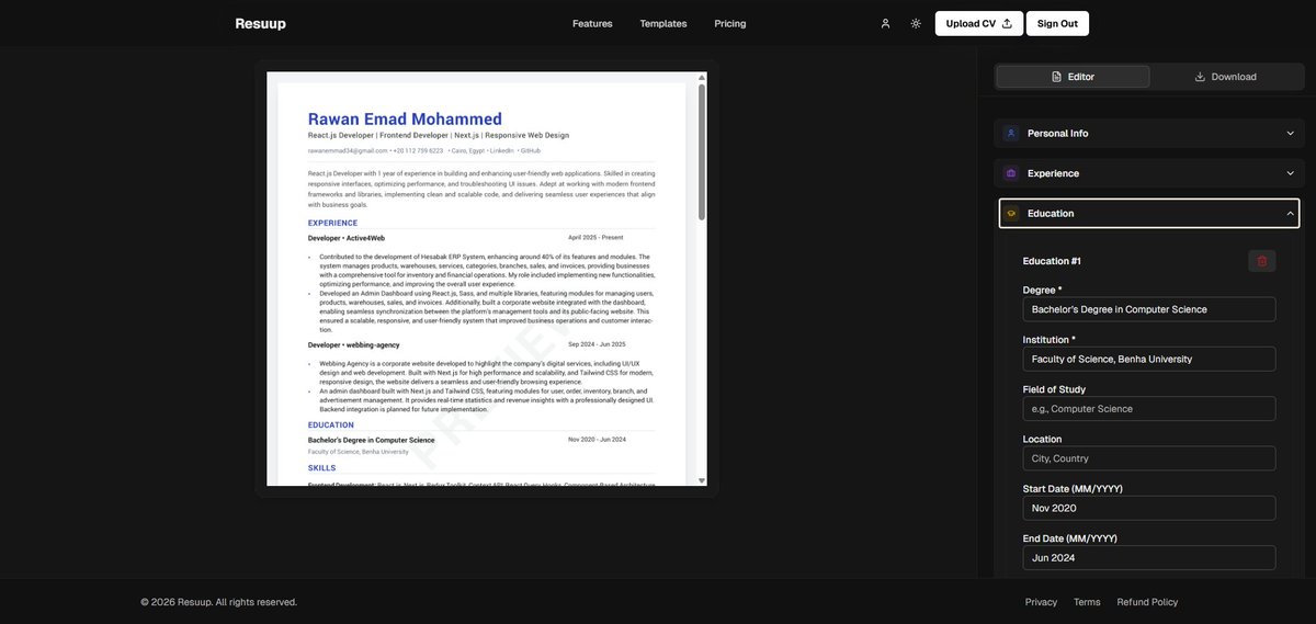 EN: finally shipped resuup.  upload old cv  ->  pick new template  ->  ai transfers everything automatically
zero manual effort.  
-------------------------- 
TR: resuup yayında. 
eski cv’yi yükle -> yeni template seç -> ai her şeyi otomatik aktarsın
link: resuup.com