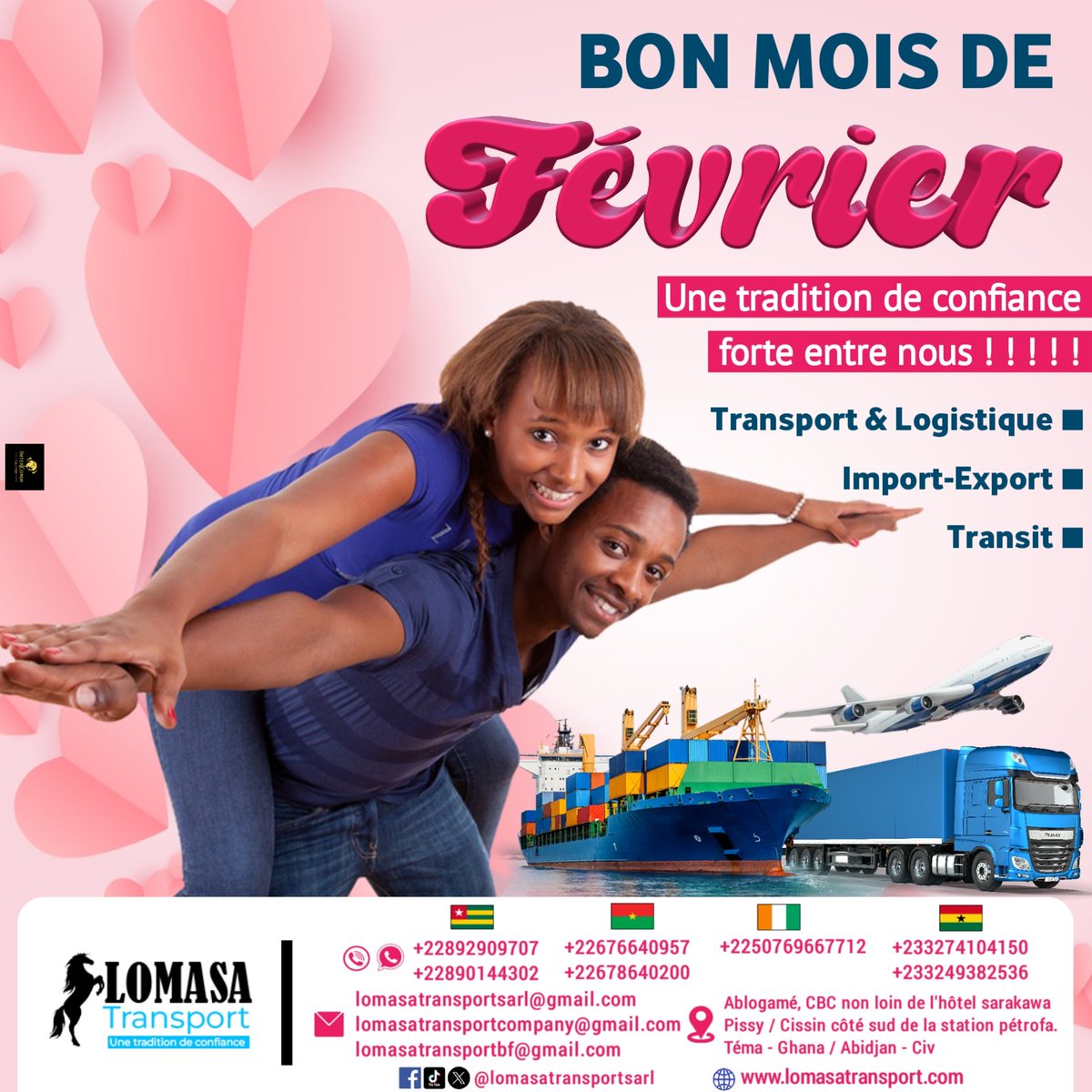 LomasaTransport's tweet photo. Commençons le mois de février avec amour, paix dans nos différents  relations et domaines .
.
#Février #transport #Lomé #Ouagadougou #logistics #transit #Mali #world https://t.co/dJSfotj76e