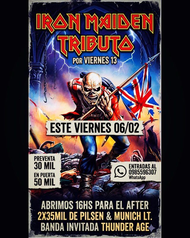 ESTE VIERNES 6/02 TRIBUTAZO a @ironmaiden <a href="/MaidenParaguay/">Iron Maiden Paraguay</a> por @officialviernes13 en vivo en el CENTRO🤘🏻🔥 Banda Invitada #thunderage ⚡️.
*ABRIMOS 16hs para el AFTER con 2x35mil en @pilsenpy &amp; munichparaguay Lt.
📍Mcal Estigarribia 1050 c/ EEUU.
PROST! 🍻🤘🏻💥🇵🇾🇩🇪