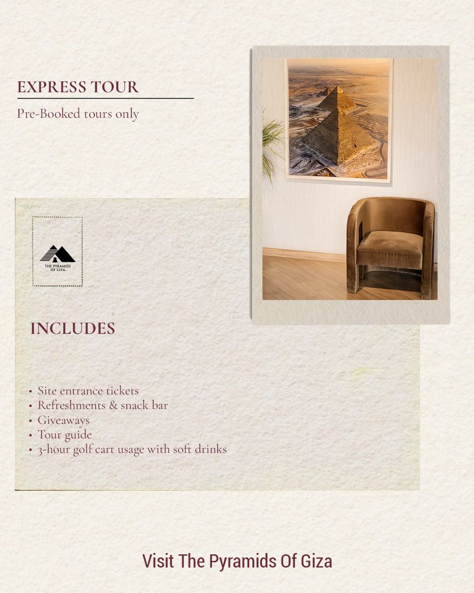 PyramidsOfGiza_'s tweet photo. عش تجربة أهرامات الجيزة بطريقتك مع الجولات الخاصة
للحجز: digital@thepyramidsofgiza.com
Experience the Pyramids of Giza your way with our private tours.
Reserve now: digital@thepyramidsofgiza.com
The Pyramids of Giza | The Experience is New, The Time is Now
#VisitthePyramidsofGiza https://t.co/nFXUTNAb1w