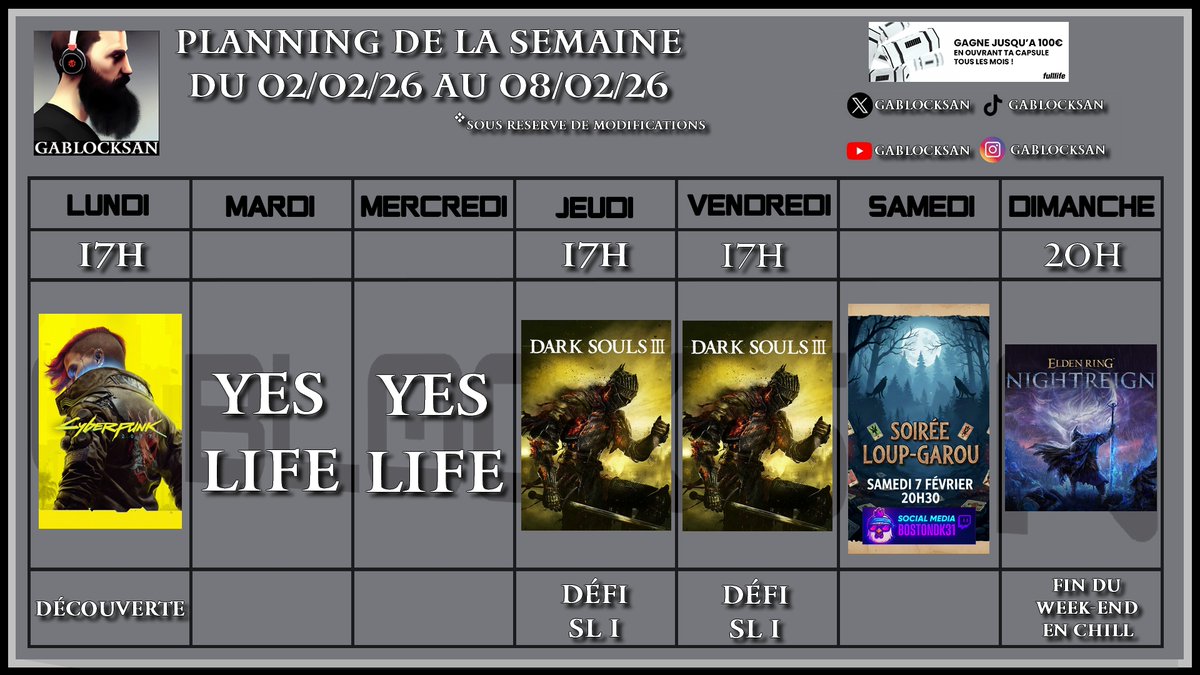 GablockSan's tweet photo. Le #planning de ce qu'il va se passer sur #Twitch cette semaine :
- La suite de Cyberpunk.
- Enfin Dark Souls 3 en SL1
- La soirée loups-garous de @bostondk31 
- Et on chill dimanche soir sur Nightreign
Et voili voilou ! A très vite sur les lives !

#gablocksan #twitchfr https://t.co/TEilLnfn9X