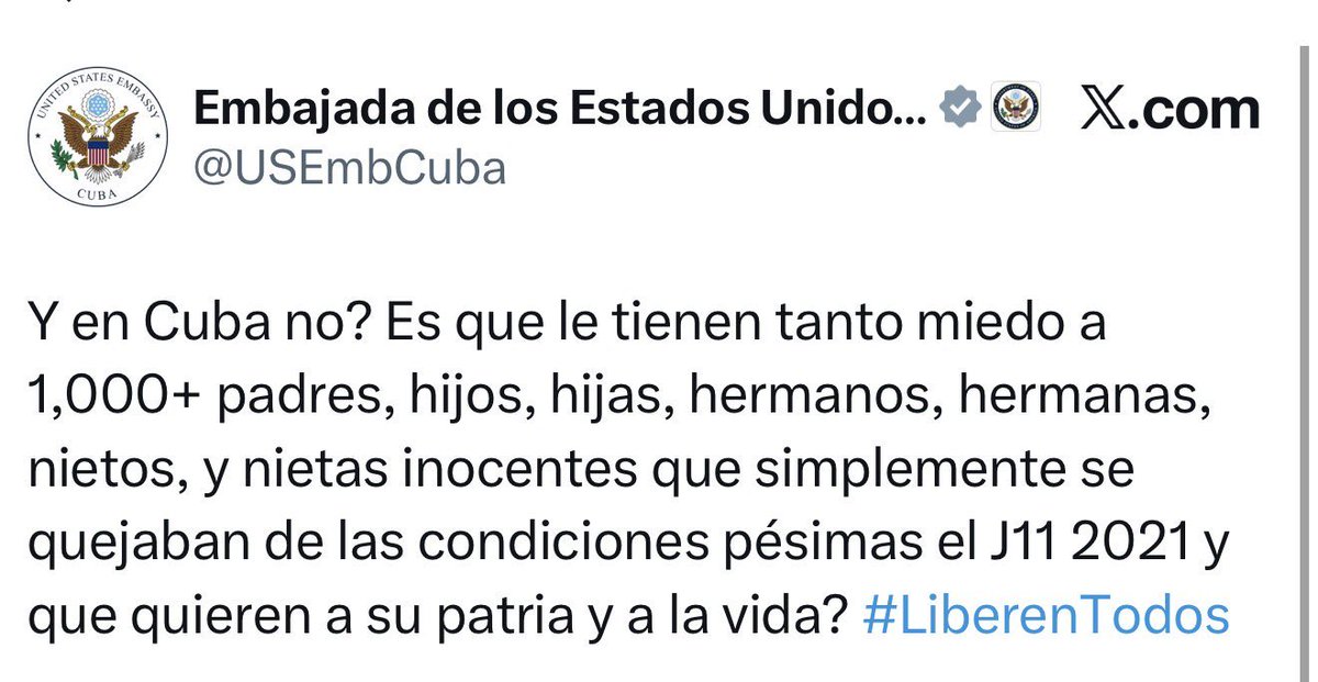 EEUU, por medio de su embajada en La Habana, exige la inmediata liberación de los más de mil presos políticos en Cuba.