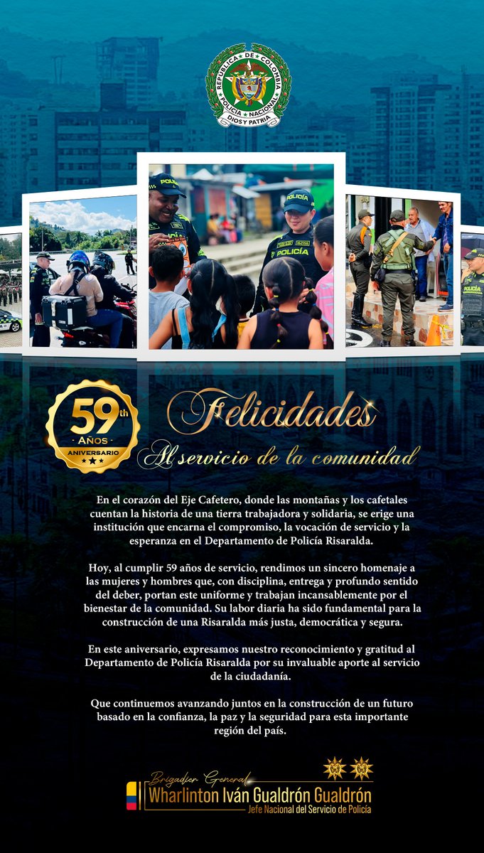 En el aniversario N.º 59 de <a href="/PoliciaDeris/">Departamento de Policía Risaralda</a>, exaltamos y reconocemos la labor de los hombres y mujeres policías que, con profesionalismo y vocación de servicio, protegen y sirven a la comunidad risaraldense.  
#ServicioDePolicía #FelizAniversario 👮‍♀️📷 👮‍♂️