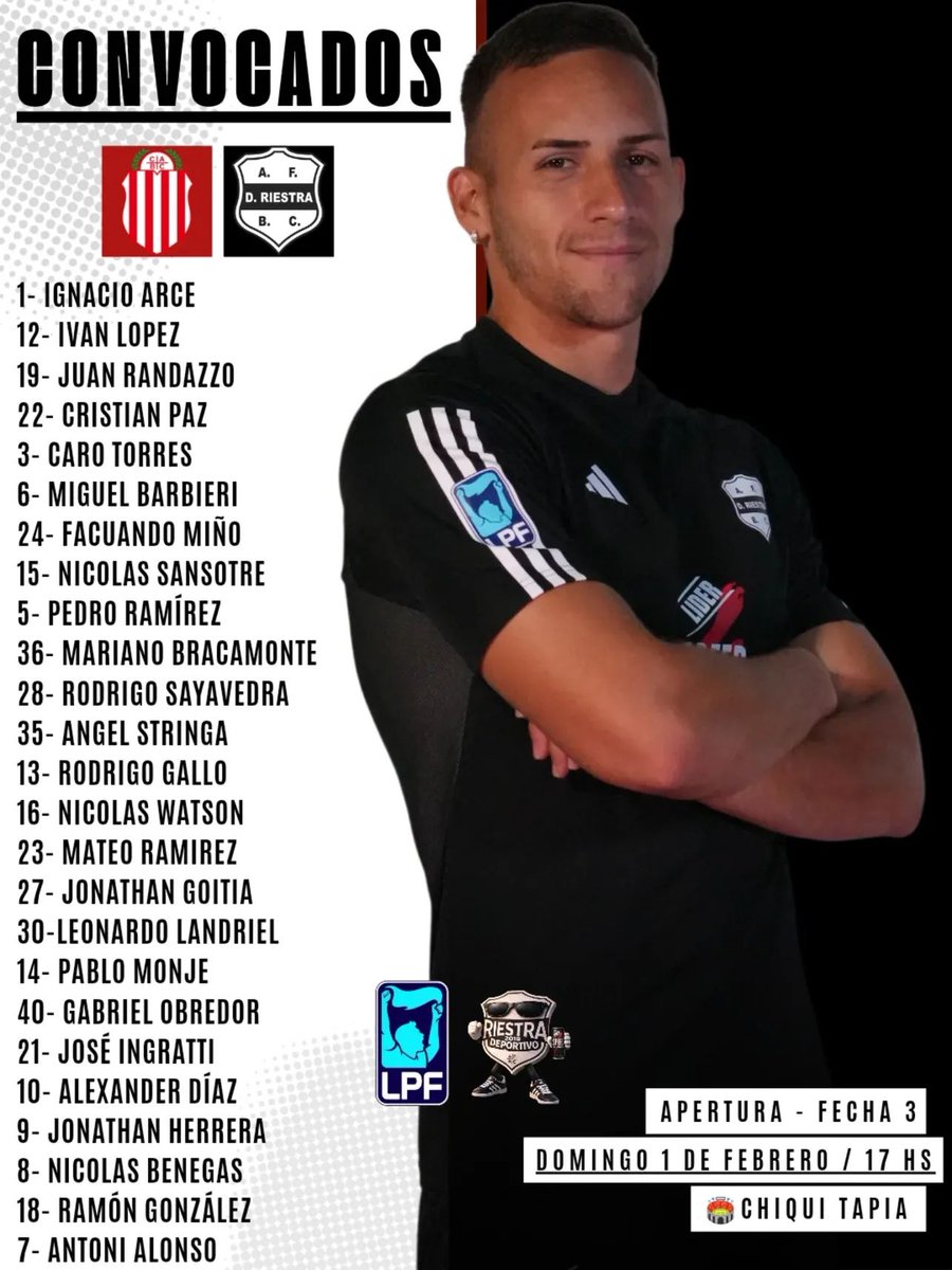🏆APERTURA 2026

⚽ Estos son los convocados por Gustavo #Benitez, para visitar a #BarracasCentral, desde las 16hs con arbitraje de Bruno #Amiconi.

#VamosRiestra #RiestraDeportivo