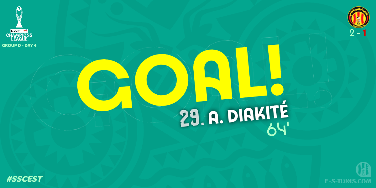 ESTuniscom's tweet photo. ⏱ 64' | #TotalEnergiesCAFCL Gr D. Day 4 #SSCEST | 🇹🇿@SimbaSCTanzania 2⃣-1⃣ @ESTuniscom🇹🇳 : ⚽️ A. Diakité (EST) scores! / هدف / But https://t.co/CLXMFoVHsl