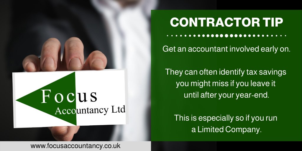 FocusBarry's tweet image. #contractortip - If you're operating through a limited company, get an accountant involved early on. Getting an accountant after your year-end, means you'll have often missed tax-saving opportunities that an accountant could have easily identified for you. focusaccountancy.co.uk
