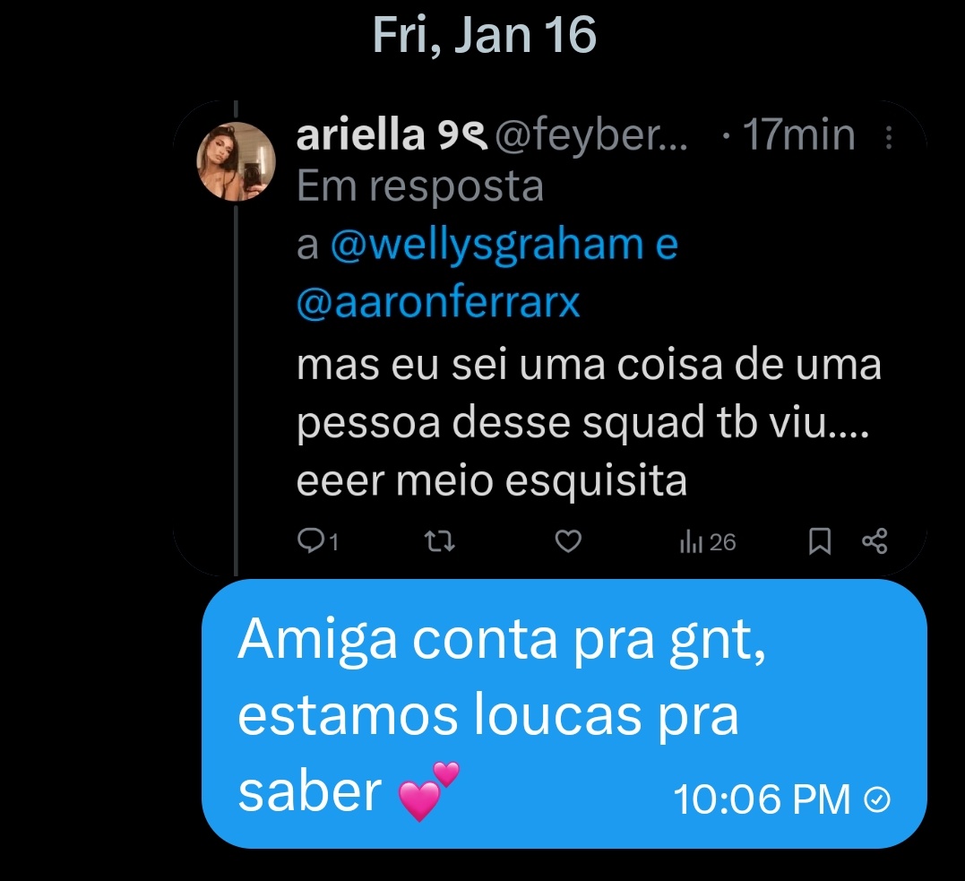 Ate hoje tentando descobrir oq a <a href="/feyberdara/">ella 𝜗ৎ</a> sabe sobre o squad mas nunca disse a ninguém.....