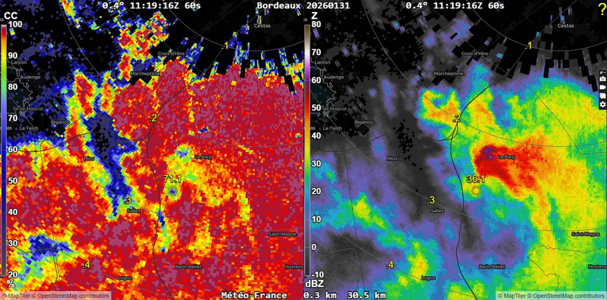 MystereMeteo's tweet photo. Le radar de Bordeaux était très proche et a également réussi à détecter la rotation de basse couche et la signature des débris tornadiques #tornade #Mios https://t.co/cZiZAGBYIb