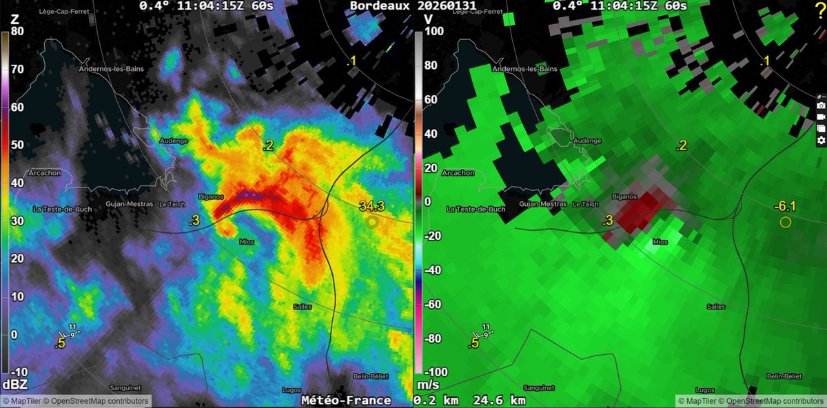 MystereMeteo's tweet photo. Le radar de Bordeaux était très proche et a également réussi à détecter la rotation de basse couche et la signature des débris tornadiques #tornade #Mios https://t.co/cZiZAGBYIb
