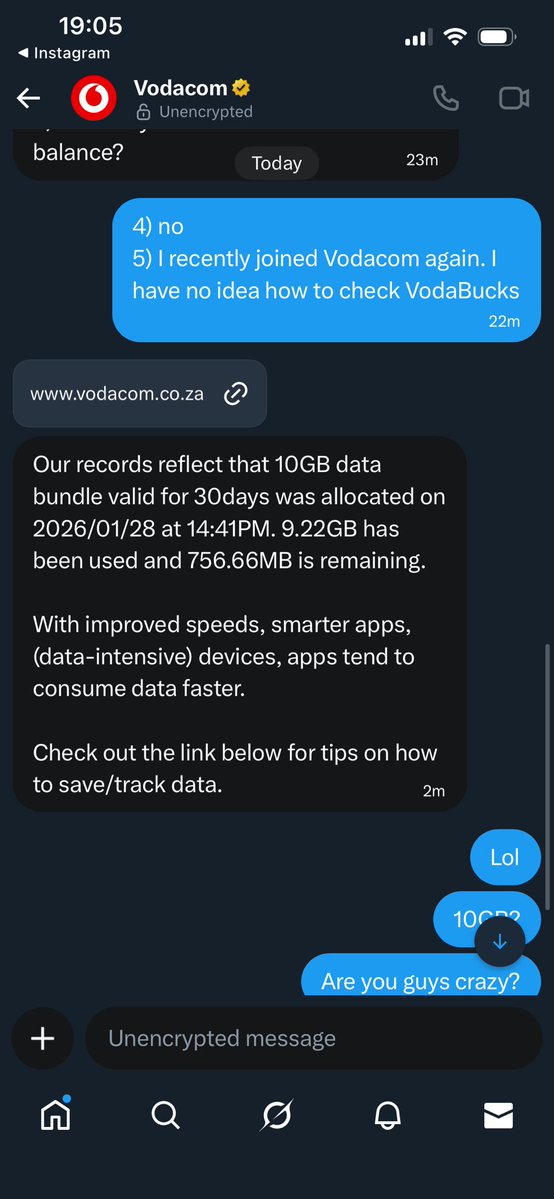 Guys, I recharged with 10GB of data and in two days it was finished. When I was with Telkom mobile, 10GB lasted me nearly the whole month. I have WiFi at home and my mobile usage hasn’t changed. <a href="/Vodacom/">Vodacom</a> is robbing us. I made contact with them and this was their response: