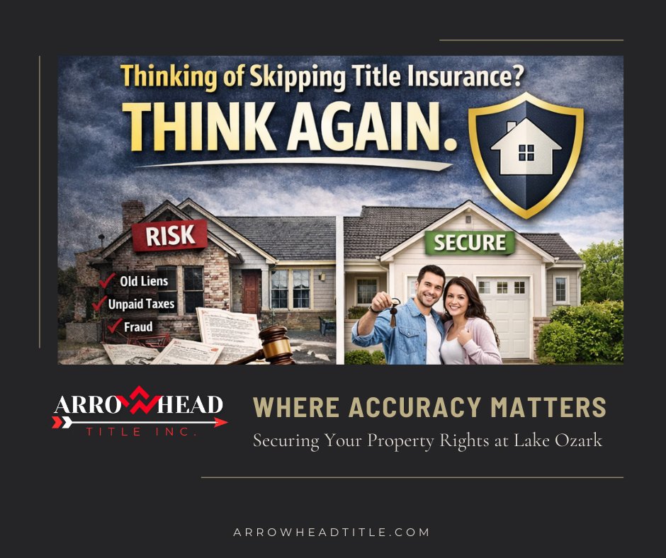 ArrowheadTitle's tweet image. ⚠️ Thinking of Skipping Title Insurance? Think Again.
🛑 It’s your first line of defense against errors in public records, fraud, or unrecorded documents
🔗 Learn more at ArrowheadTitle.com
 #TitleInsuranceMatters #ProtectYourHome #LakeoftheOzarksRealEstate #ArrowheadTitle