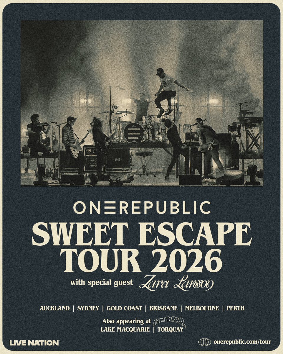 The Sweet Escape begins this week!✨
<a href="/OneRepublic/">ONEREPUBLIC</a> is hitting the road for the Sweet Escape Tour 2026 with special guest <a href="/zaralarsson/">Zara Larsson</a> .
🗓️ Tour kicks off February 4 — see you out there!