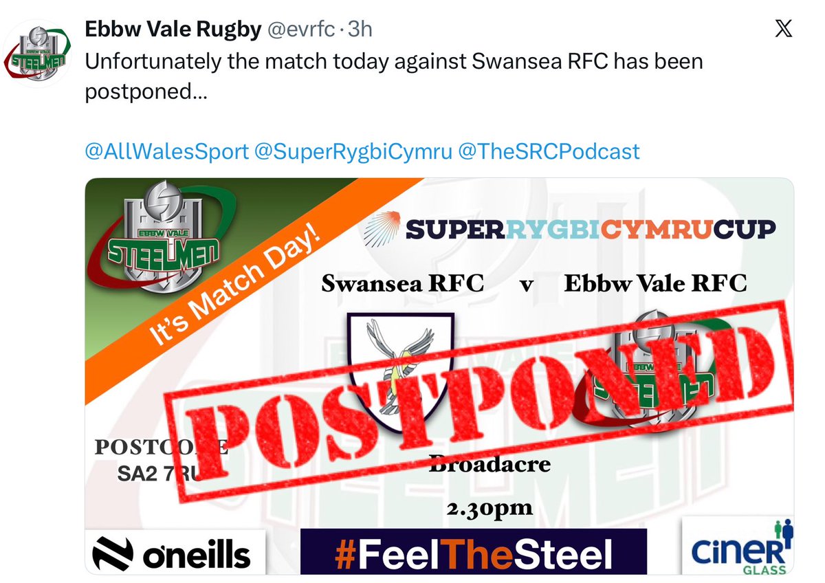 poolerrfc's tweet image. SRC Cup Rd2 Pool B - Swansea v Ebbw Vale is POSTPONED