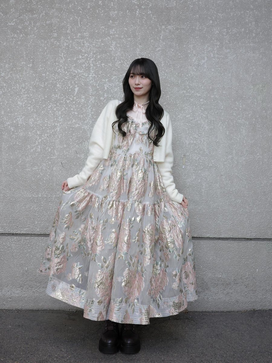 櫻坂46 守屋麗奈ちゃん着用💘 POPPY PINK GOLD JACQUARD CAMI DRESS