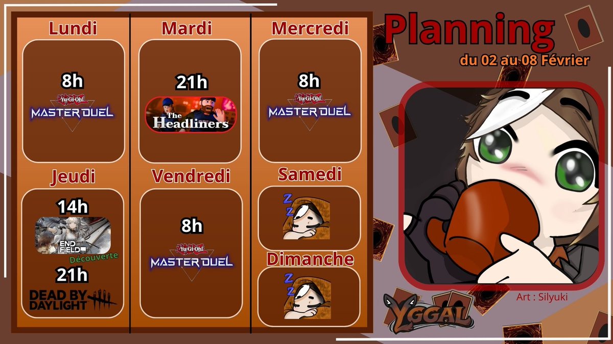 Début de la saison 50 sur Yu-Gi-Oh Master Duel avec le deck Forêt Blanche 
Soirée sur The Headliners avec <a href="/ChesCatWonder/">DollCheshire</a>  &amp; <a href="/SilyukiVT/">silyuki</a> 
Découverte de Arknights
Et comme toujours la soirée de rage et troll sur Dead by Daylight
#vtuber #vtuberfr #stream