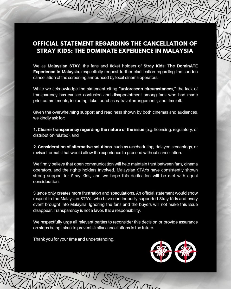 We were looking forward to the Stray Kids : The DominATE Experience, but it was cancelled without a clear reason.

We ask for RECONSIDERATION or a CLEAR EXPLANATION. Transparency matters!

#MYSTAYneedSKZ <a href="/LiveNation/">Live Nation</a> <a href="/UIPMalaysia/">UIP Malaysia</a> <a href="/jypnation/">JYPnation</a>