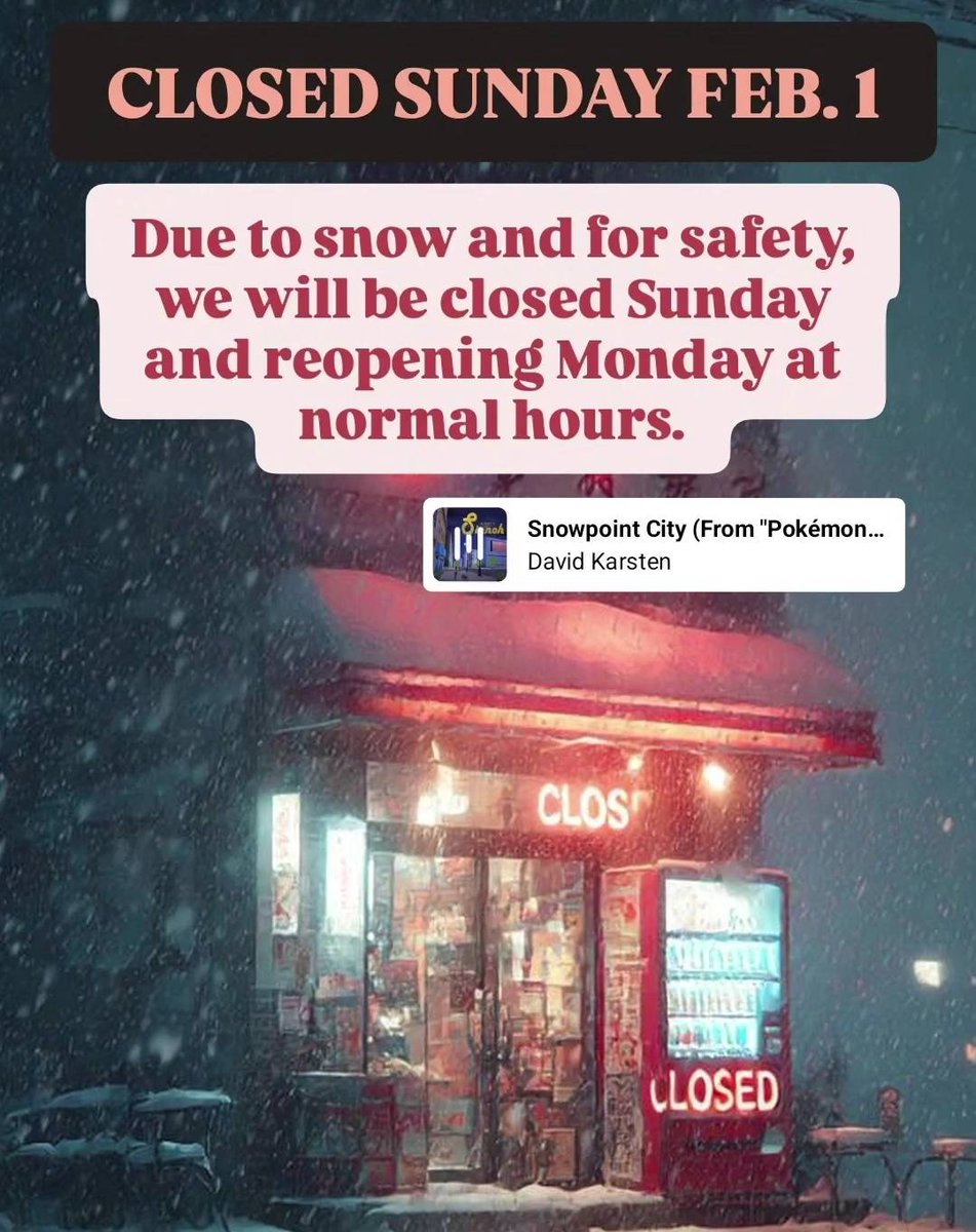 vghcoolstuff's tweet photo. All stores will be closed today due to snow! It may not be too crazy out there but we are concerned with some cities not clearing the streets thoroughly yet along with icy road conditions. We're just playing it safe. We will return to normal hours tomorrow on Monday February 2nd. https://t.co/2MQ1mw7G2T