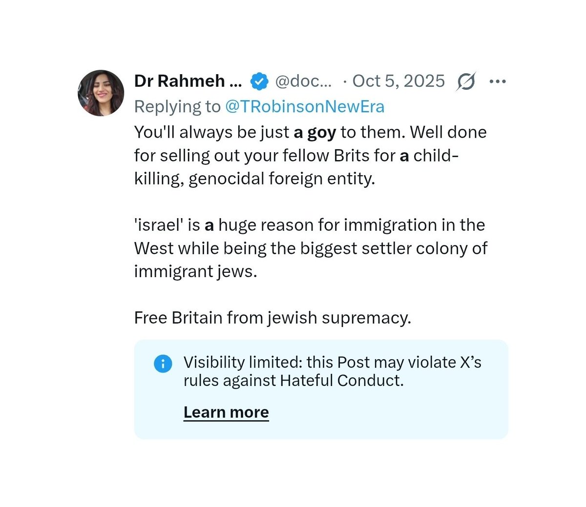 doctor_rahmeh's tweet image. The UK jewish lobby groups reported a post where I said 'you'll always be just a goy to them' to Tommy Robinson and 'Suella is a good shabbos goy' to Suella Braverman to my medical regulator to have me suspended.

My response was:
'Am l not allowed to say these words? Can only…