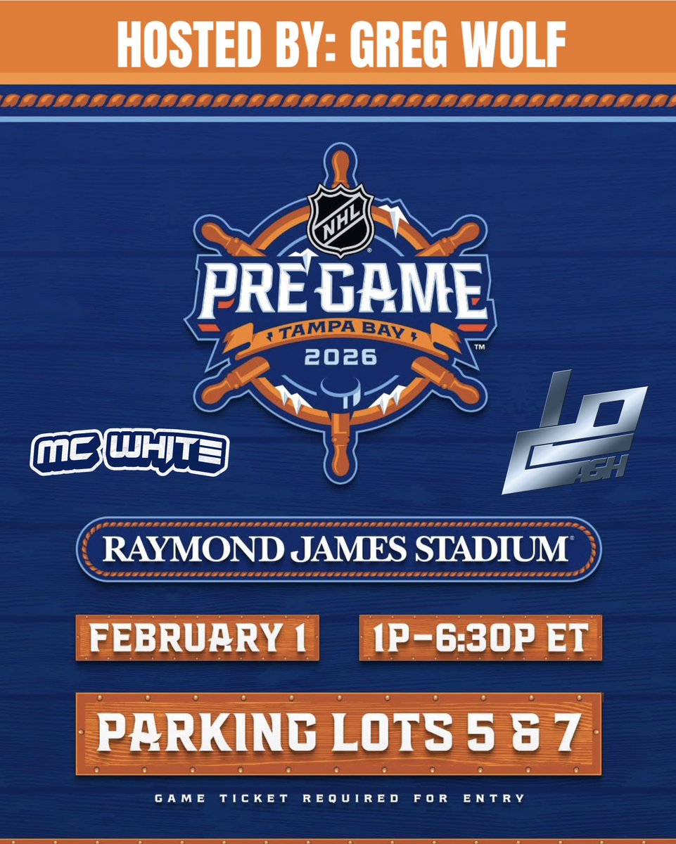 GregWolfTBL's tweet photo. Happy #NHLStadiumSeries Day, #BoltsNation!
Catch me hosting today’s @NHL PreGame Fan Festival at @rjstadium with a LIVE performance from national recording artist @LOCASHmusic, along with live mixes from @StreetLacedDJs own @mcwhiteDJ!
We can’t wait to officially launch the festivities for the 2026 NHL Stadium Series in #ChampaBay!
A full lineup of attractions and interactive experiences for the 2026 NHL PreGame, the League’s official fan festival for the 2026 Navy Federal Credit Union NHL Stadium Series®, hosted in partnership with @SportsTampaBay await you today in lots 5 & 7!
A 2026 @NavyFederal Credit Union NHL Stadium Series ticket is required for entry!
The NHL PreGame will take place from 1:00pm– 6:30pm ET and feature exciting activations from over a dozen of the League’s official partners and licensees, including the opportunity take a photo with one of the oldest and most iconic trophies in sports, The @StanleyCup®