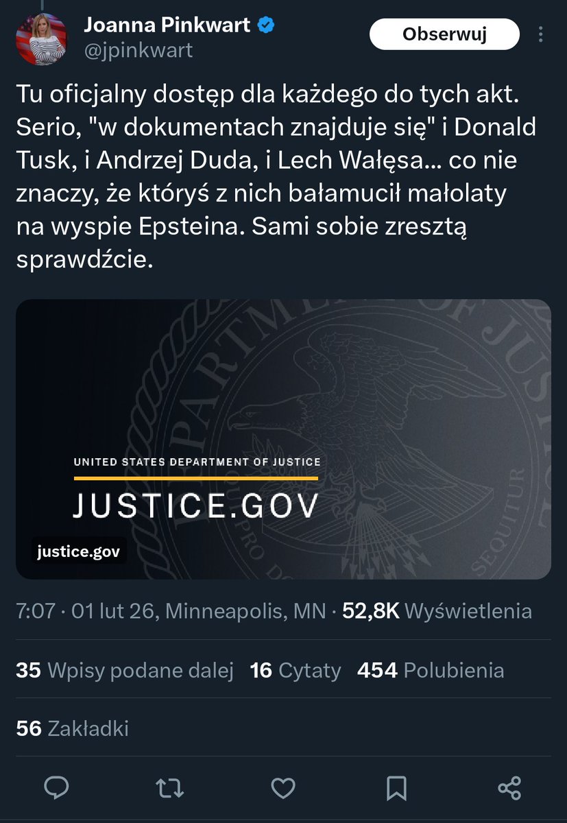 Komentarz Joanny Pinkwart dotyczący akt Epsteina to klasyczny przykład tego, jak za pomocą manipulacji językowej i fałszywych analogii można odwracać uwagę od istoty przestępstwa, a w konsekwencji - chronić sprawców i uciszać ofiary.